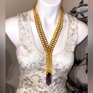 Heavy Amethyst crystal point pendant on long articulated gold chain. Unique! 🔮✨
